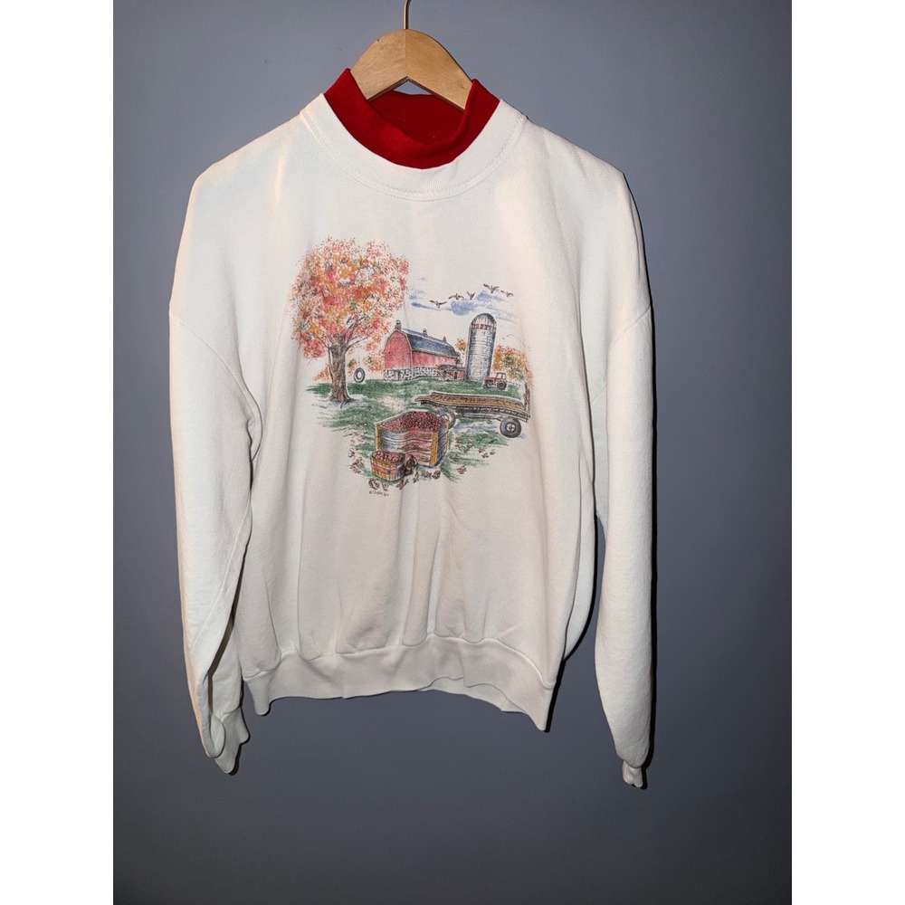 Gopher Sport White Farm Scene Sweatshirt Red Mock Neck XL‎ Vintage Fall